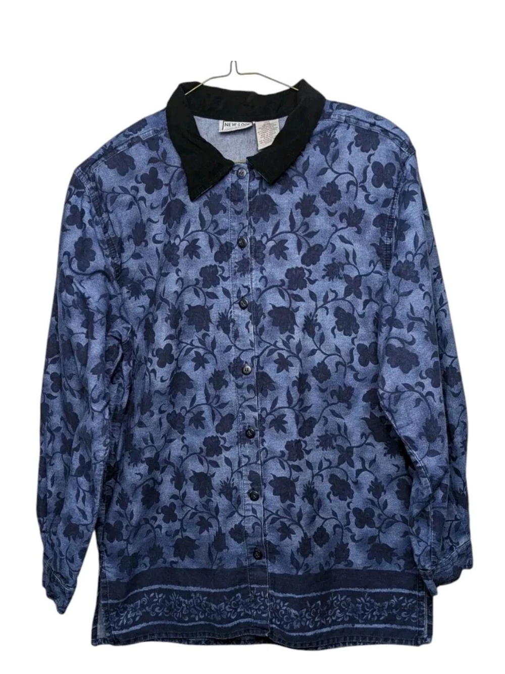 New Look Blue Floral Button-Down Denim Shirt with Black Collar